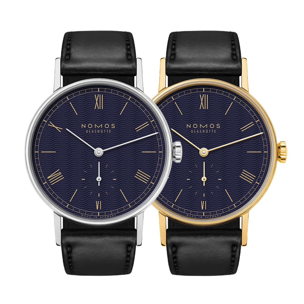 NOMOS Glashütte Twice Unique "Moiré" Steel and Gold Ludwig 35mm - Blue on Leather Strap 205211TU7 35 mm kol saati