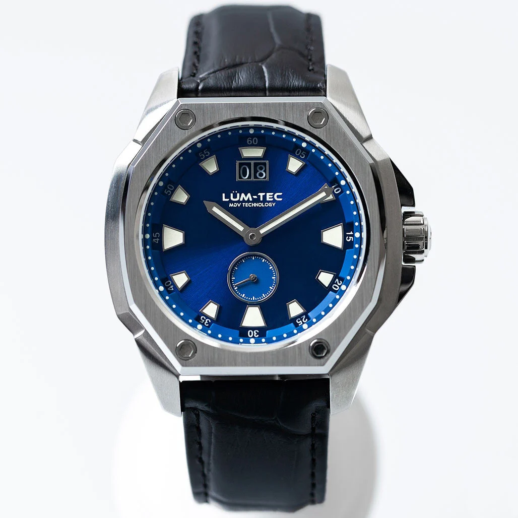 Lum Tec Lum-Tec 44mm Watch with Blue Sunburst Dial, Big-Date, and Anti-Reflective Sapphire Crystal #V-8 44 mm kol saati