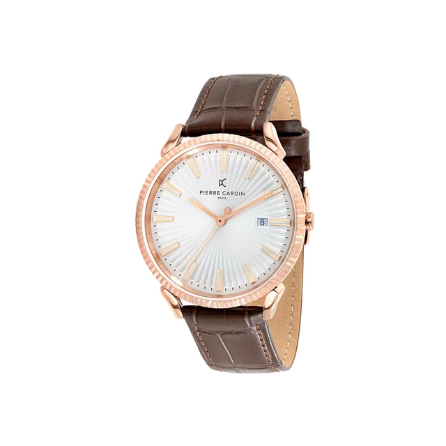 PIGALLE MENS Pigalle Rose Gold Watch with Silver Dial and Brown Leather Strap with Fluted