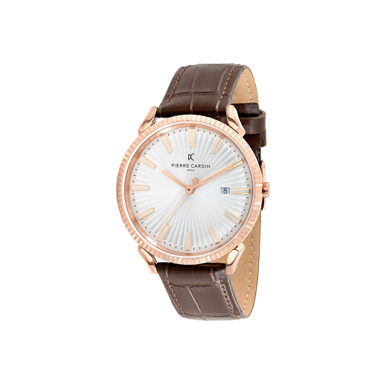 PIGALLE MENS Pigalle Rose Gold Watch with Silver Dial and Brown Leather Strap with Fluted Bezel CPI.2135 42 mm kol saati
