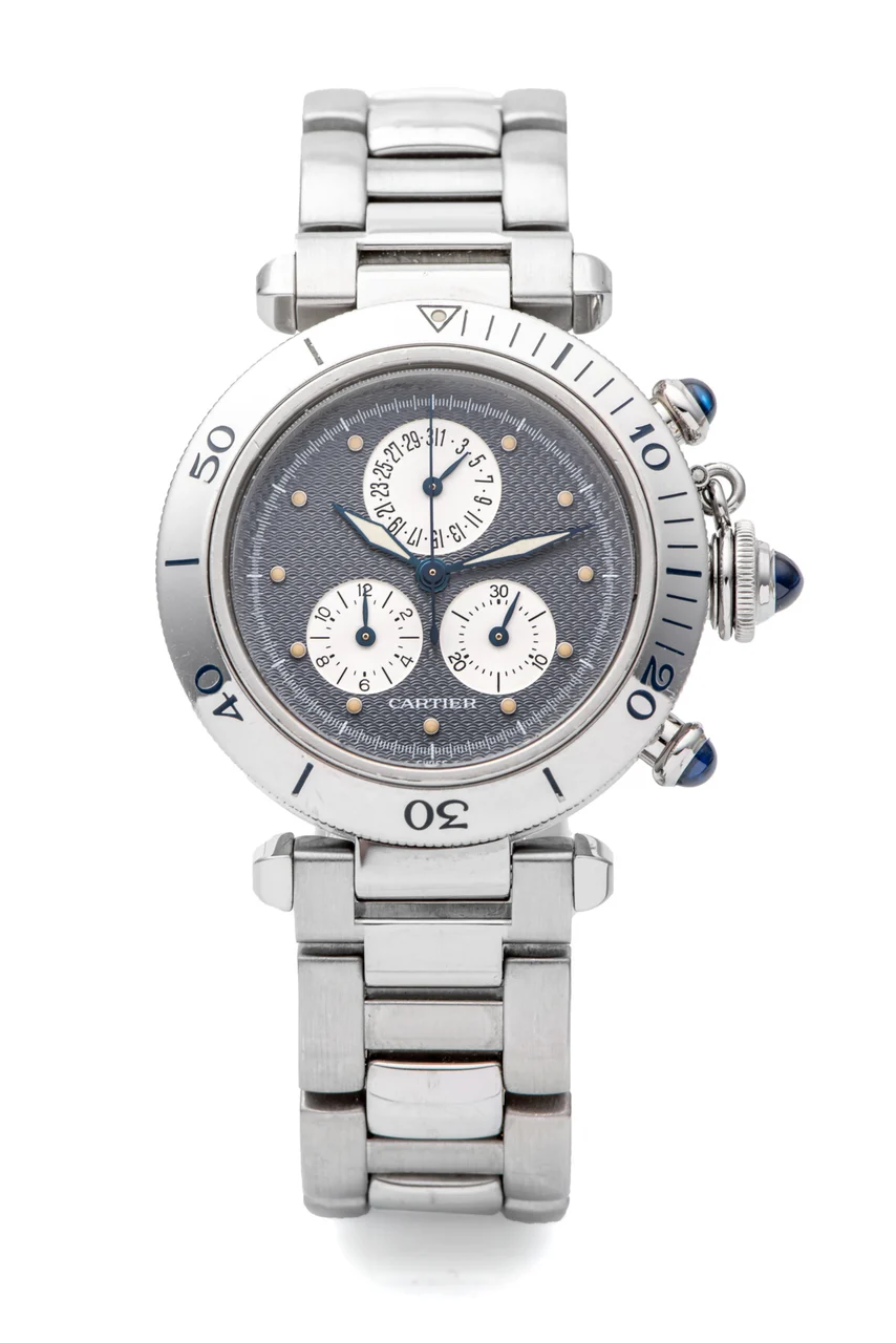Cartier Ref. 1352, quartz, chronograph, minute and hour counters, date; “Pasha Chronograph”; stainless steel kol saati