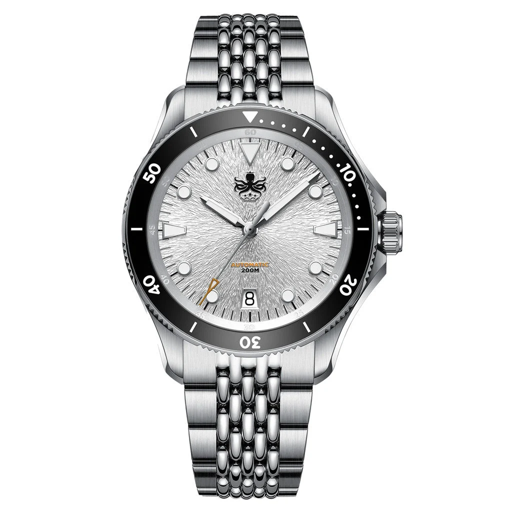 Phoibos Delphinus Automatic Dive Watch with Silver White Sunray Dial #PY055ED 39 mm kol saati