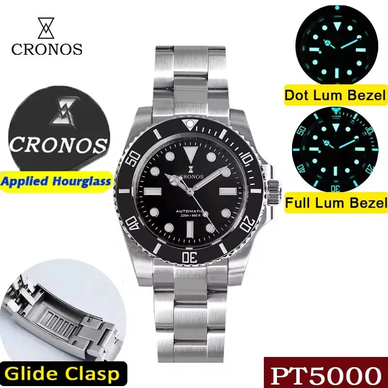 Cronos Watch Store Cronos No Date PT5000 Sub Diver Watch L6005 克诺时-L6005-无历-pt机芯-纯黑色-普光-钢带 47.8 mm kol saati