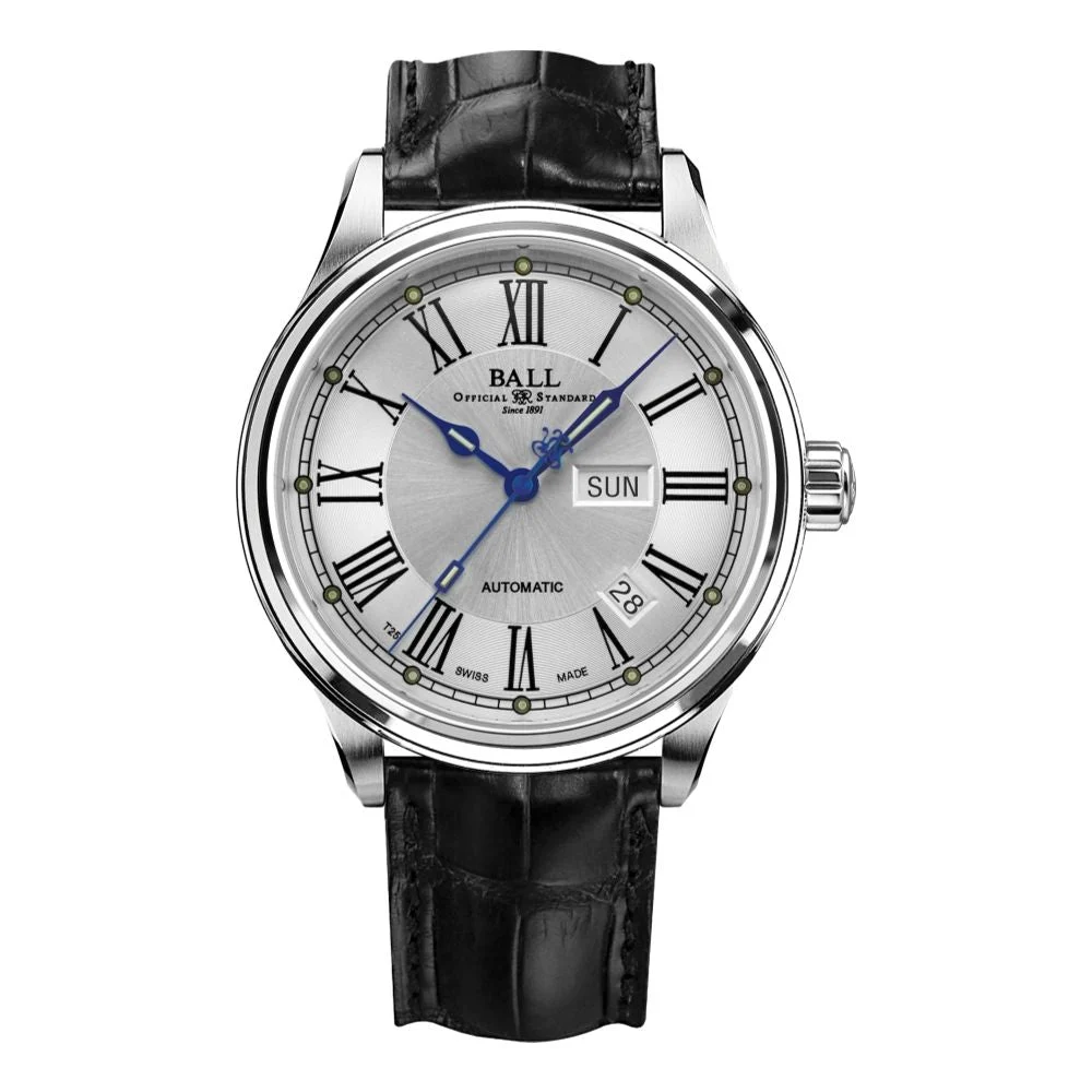 BALL Watch Trainmaster Roman 41mm - Silver on Leather Strap NM1058D-L4J-WH 41 mm kol saati