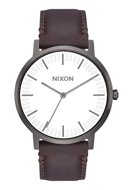 Nixon US Porter Leather - Gunmetal / White / Brown A1058-2368-00 kol saati