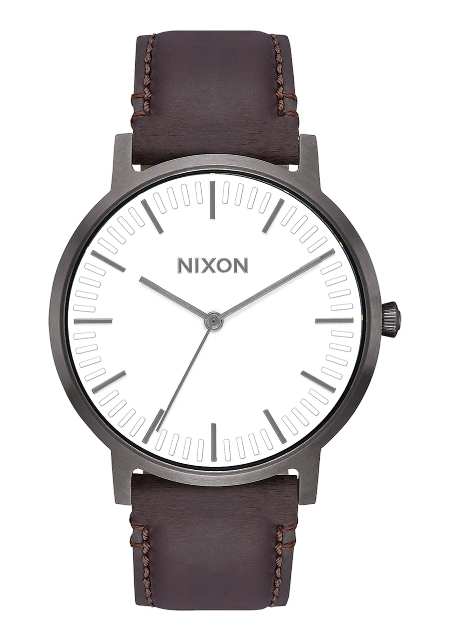 Nixon US Porter Leather - Gunmetal / White / Brown A1058-2368-00 kol saati