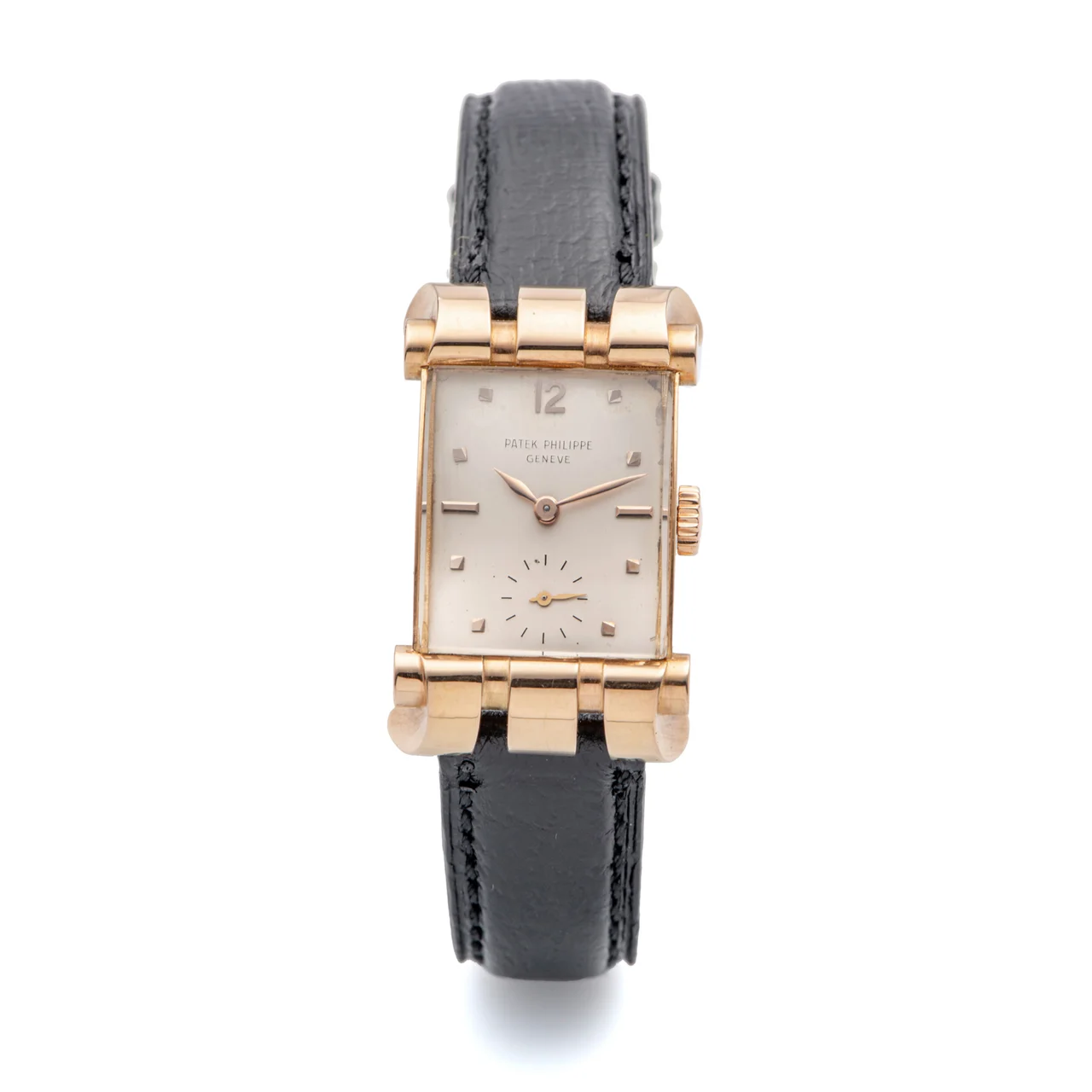Patek Philippe PATEK PHILIPPE REF. 2471, TRIPLE-BODIED OVERHANGING CURVED AND FLARED LUGS, SO-CALLED “RAM’S HORNS” OR “BEAR CLAW”; 18K PINK GOLD kol saati