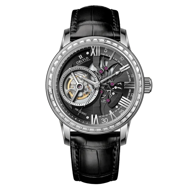 OBLVLO Leather Strap ,Black Dial VM-Q-D-YBBL VM Series,42mm,Black Leather Strap ,Black Dia