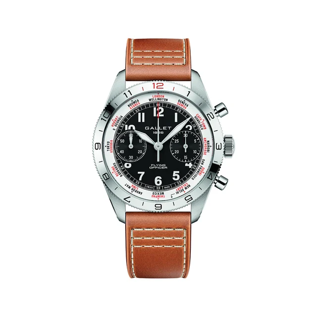 Gallet Flying Officer Chronograph 40mm - Black on Leather Strap AG2301131B1X2 kol saati