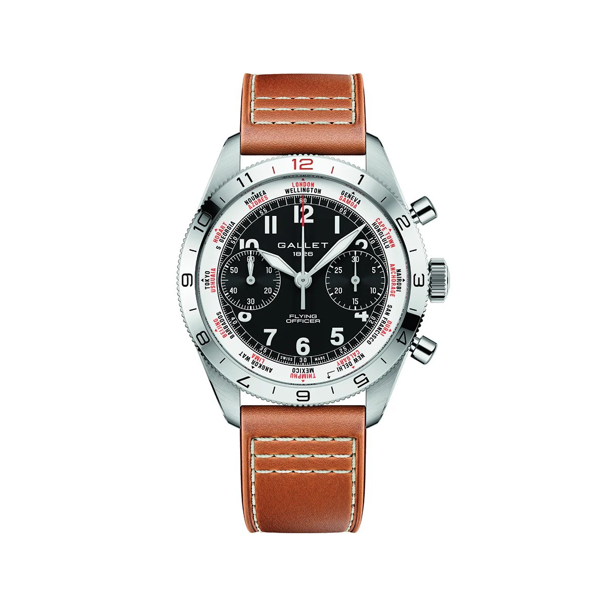 Gallet Flying Officer Chronograph 40mm - Black on Leather Strap AG2301131B1X2 40 mm kol saati