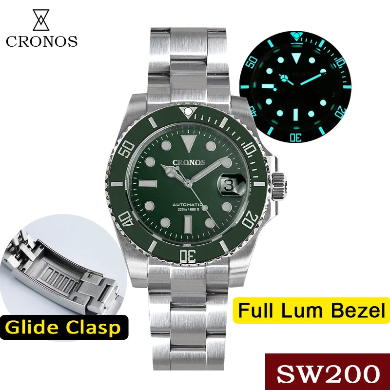 Cronos Watch Store ★Cronos Sub Diver Luxury Dive Watch SW200 Movement L6005 Cronos-L6005-有历-SW200-普光-绿面 47.8 mm kol saati