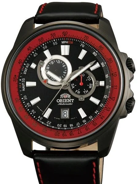 Orient Apex 21-Jewel Automatic Sport Watch with 24-Hour Sub-Dial, Black PVD Case #ET0Q001B 45 mm kol saati