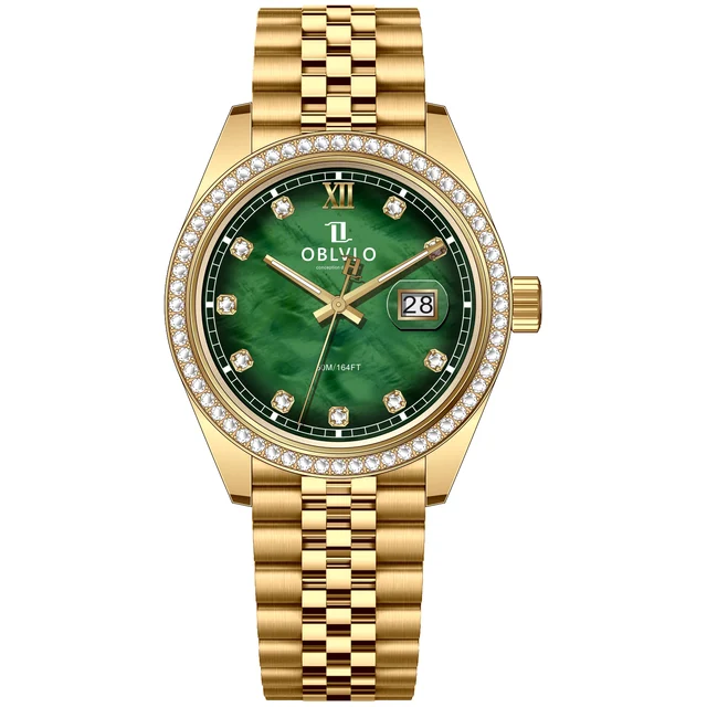 OBLVLO bezel,Gold Steel Strap ,Green Dial RX RX Series,39mm,diamond bezel,Gold Steel Strap