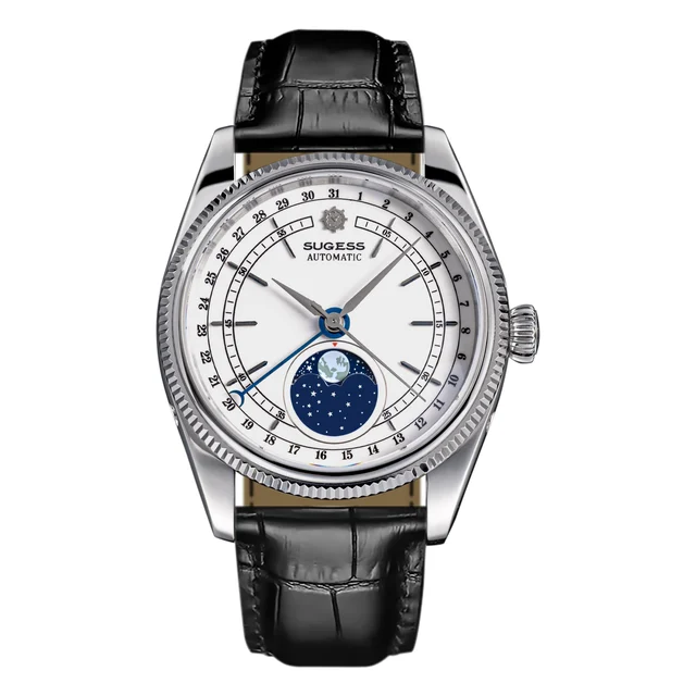 Sugess MoonPhase Master S452 Stainless-Steel White Dial Black Strap kol saati