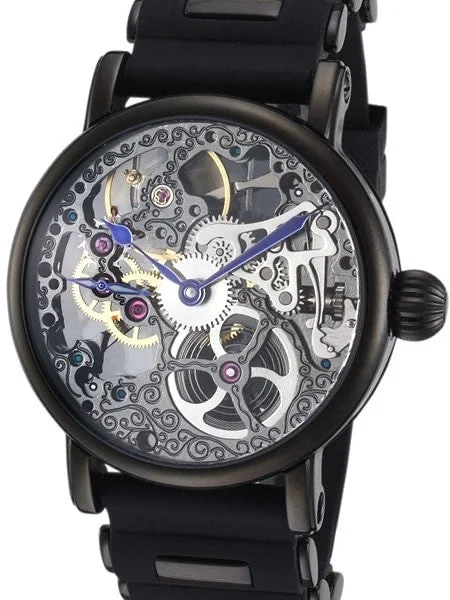 Rougois Tattoo Hand Wind Decorated Skeleton Movement Watch with Gun Metal Black IP Case #RS10003-BSB 44 mm kol saati