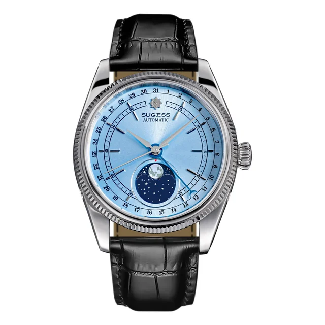 Sugess MoonPhase Master S452 Stainless-Steel Light Blue Dial Black kol saati