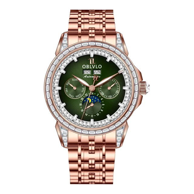 OBLVLO GCM Series,41mm,Rose Gold Steel Strap,Diamond Bezel,Green Di kol saati