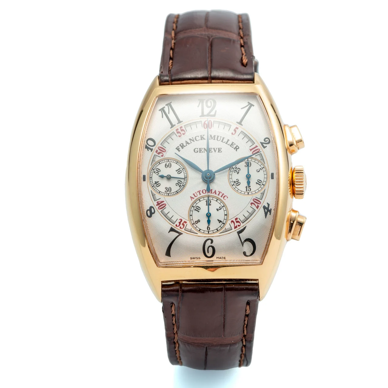 Franck Muller FRANCK MULLER REF. 7850CC, SELF-WINDING, CHRONOGRAPH, MINUTE AND HOUR COUNTERS, SILVER "GUILLOCHÉ" DIAL; "CINTRÉE CURVEX"; 18K YELLOW GOLD kol saati