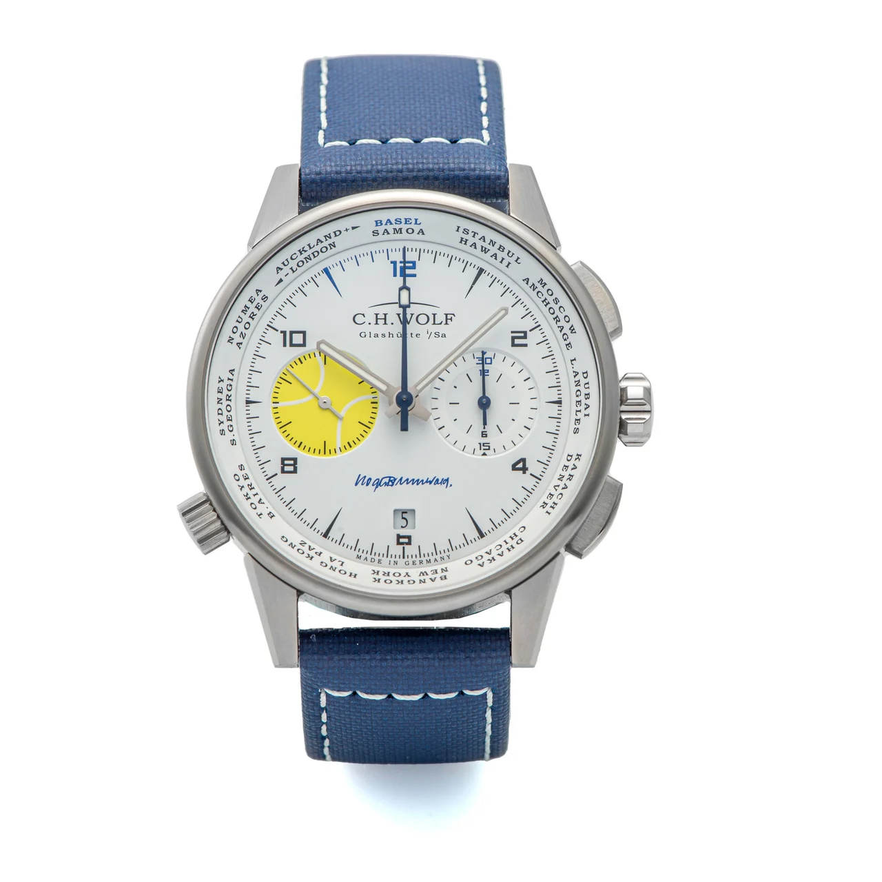 C. H. Wolf Ref. 45-0079, self-winding, fly-back “retour en vol” chronograph, coaxial minute and hour counters, World Time, white dial; stainless steel kol saati