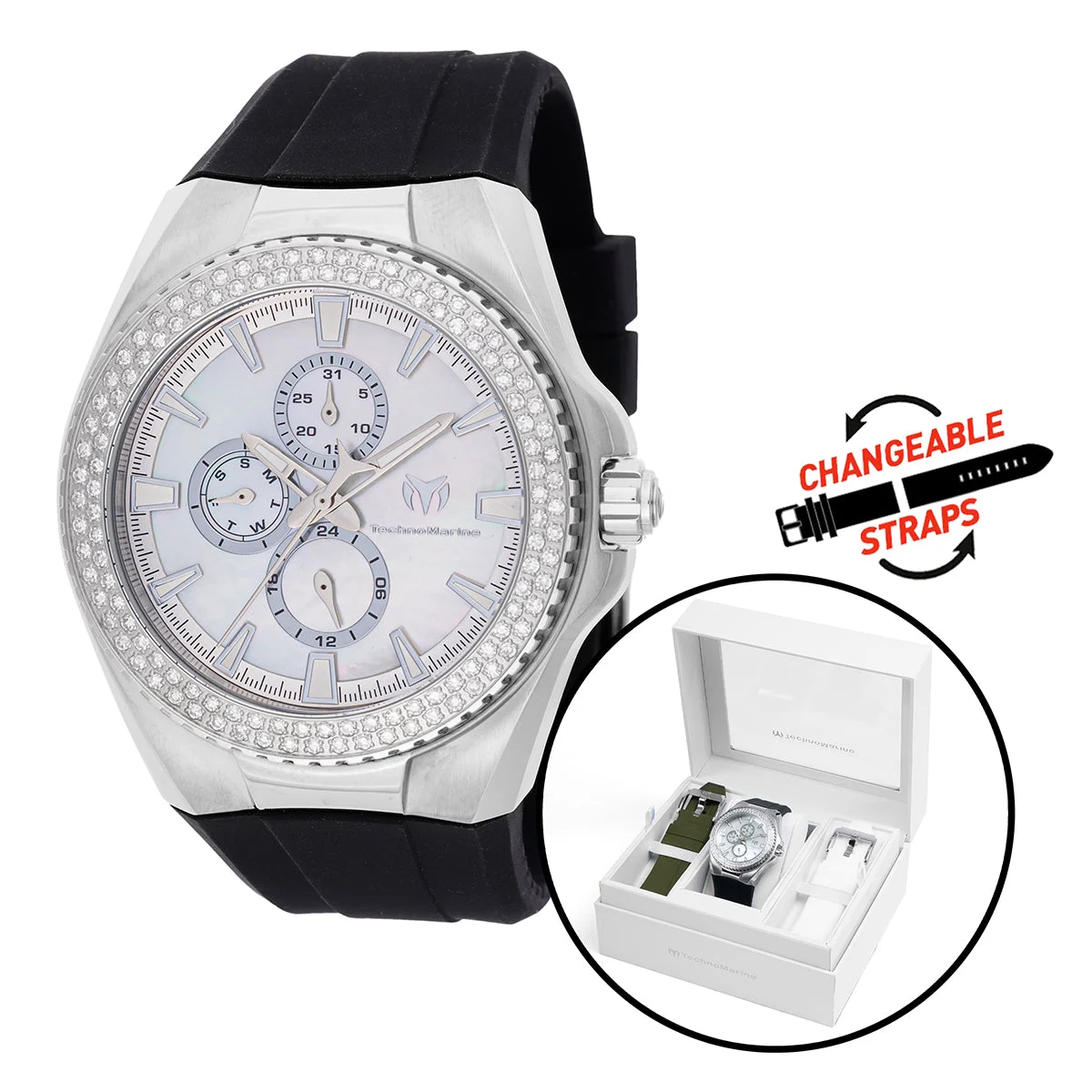 Technomarine Cruise California 0.5 Carat Diamond Watch w/ Mother of Pearl Dial - 45mm, Black, White, Green with Interchangeable Strap (TM-124024) 45 mm kol saati