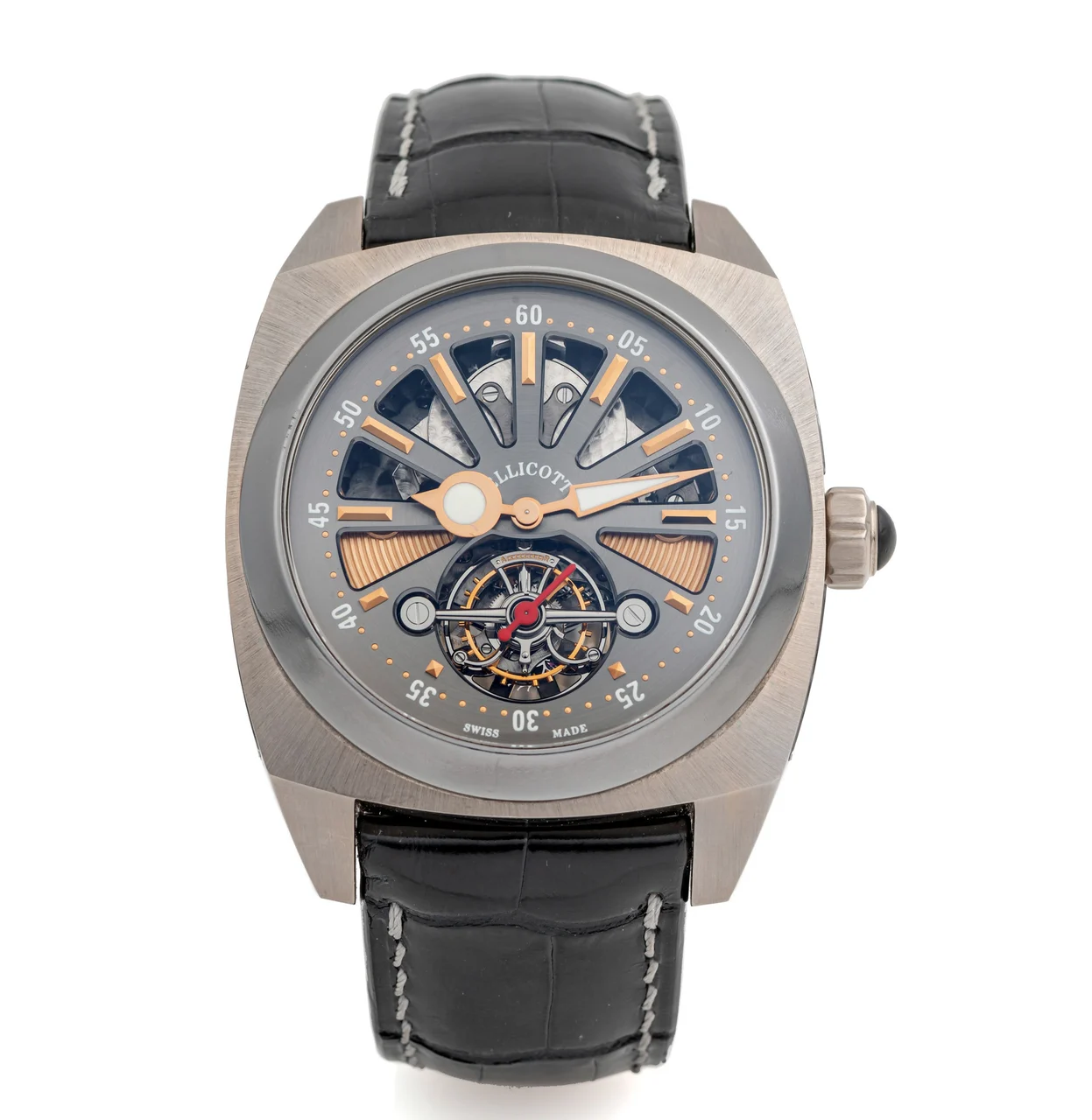 Ellicott 1738 Ref. 1700, self-winding with twin-rotor, one-minute tourbillon regulator; “Tourbillon Springfield ECW 1” “Concept Watch No. 1”; limited edition of 18 examples, No. 01; 18K white gold and tantalum kol saati