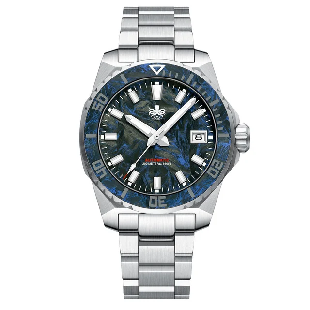 Phoibos Leviathan 40mm Dive Watch with Blue Forged Carbon Fiber #PY062B kol saati