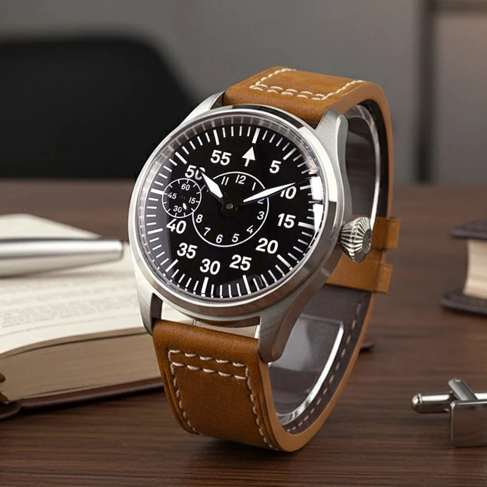 Tandorio Vintage Pilot ST3600 Hand Wind Watch Sapphire 6497 5ATM Sub Second at 9 GlassBack 12000058442231161 42 mm kol saati
