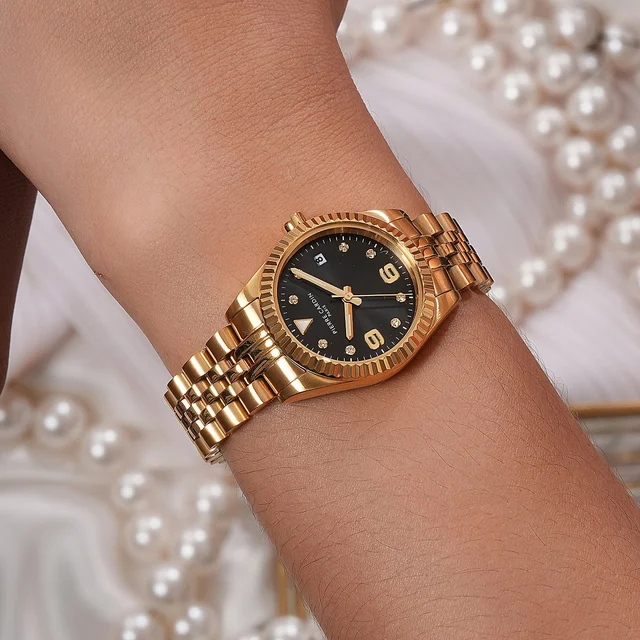 OPERA Timbre Women’s Watch - Gold Case, Black Dial with Crystal Indexes and Gold Jubilee S