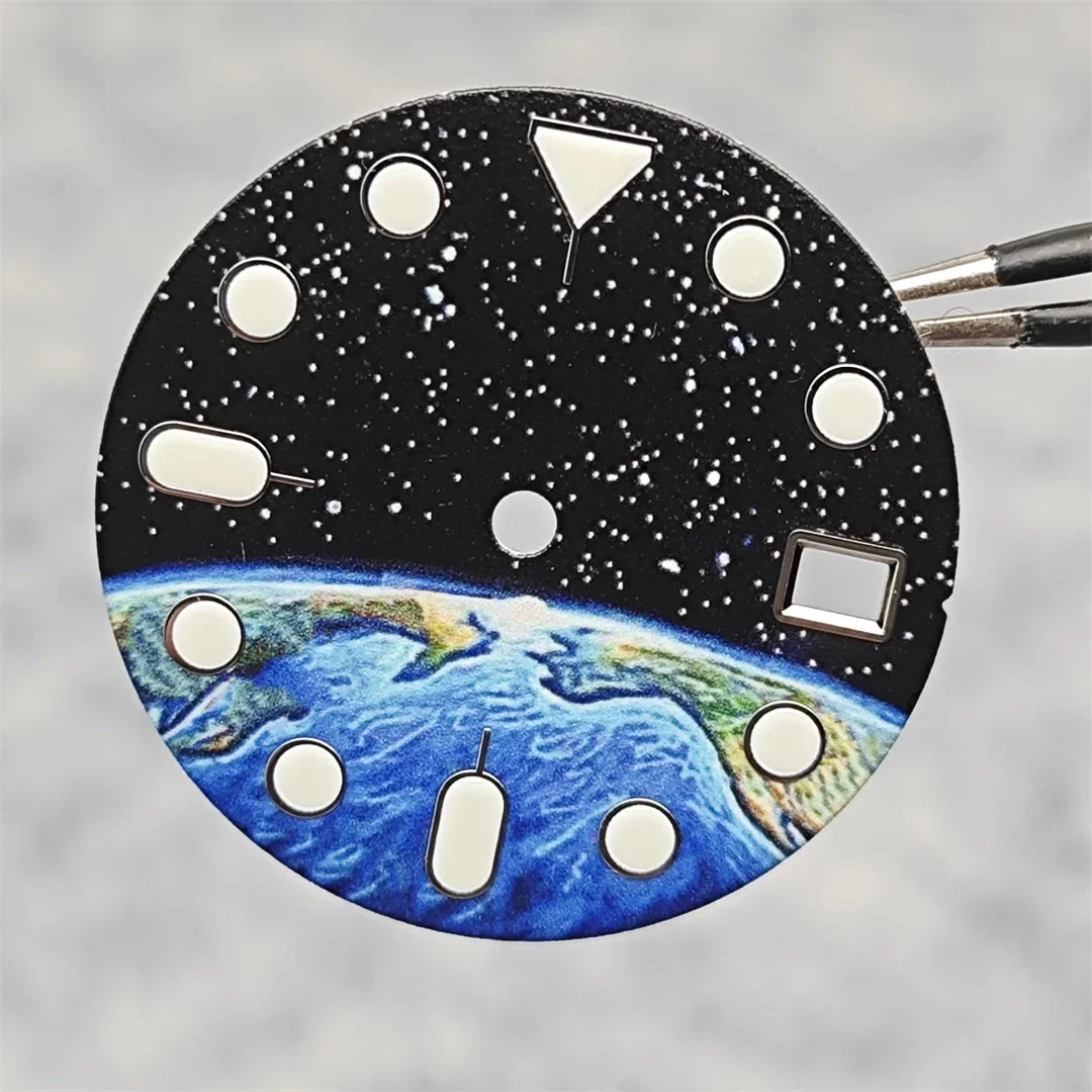 Tandorio Watches Watch Dial Starry Sky and Earth Green Luminous Surface + Hands for NH35/ NH36/ 4R/ 7S Movement Replace Watch Accessories 14:201447303#Dial with hands 28.5 mm kol saati