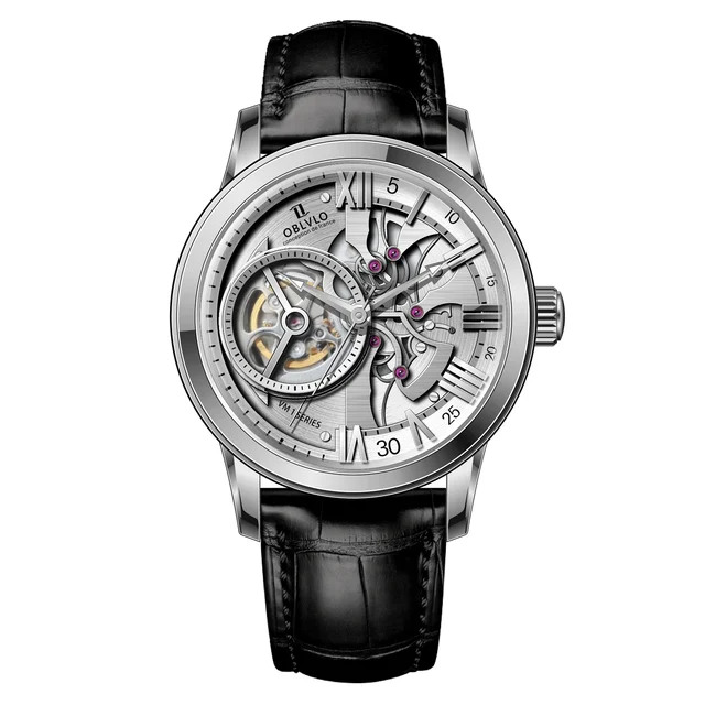 OBLVLO Leather Strap ,White Dial VM-Q-YWBL VM Series,42mm,Black Leather Strap ,White Dial 
