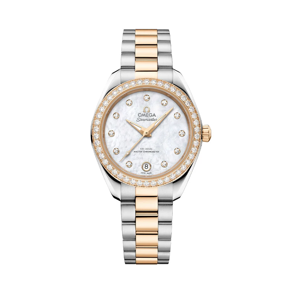 OMEGA Seamaster Aqua Terra 150M Two-Tone 30mm - White, Mother-of-Pearl w/ Diamonds on Bracelet O22025302055001 30 mm kol saati
