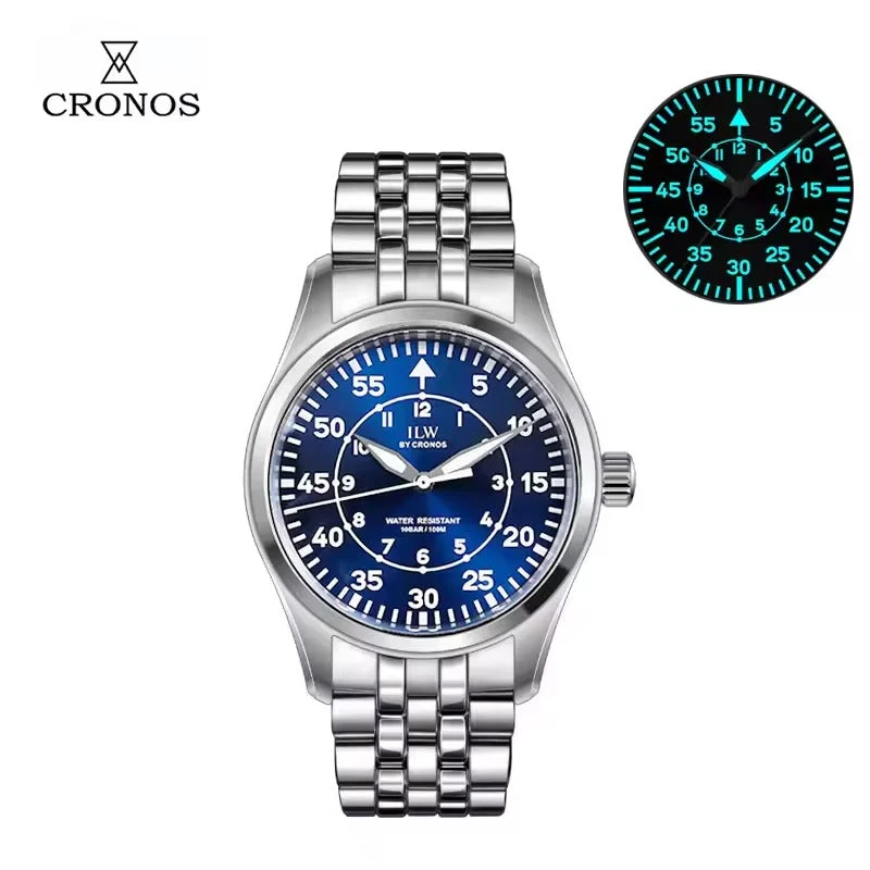 Cronos Watch Store Cronos Pilot Flieger Watch 39mm VH31 Quartz Men’s Watch Stainless Steel Sapphire Crystal L6057M 克诺时-L6057-B盘蓝色多数字-钢带 39 mm kol saati