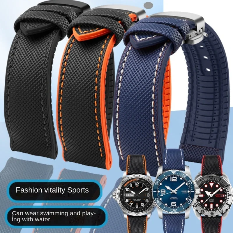 Cronos Watch Store Breathable Rubber Canvas Watch Strap 8006-钢色针扣-35 kol saati