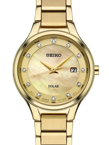 Seiko Solar Goldtone Dress Watch with Diamond Hour Markers #SUT320 29 mm kol saati