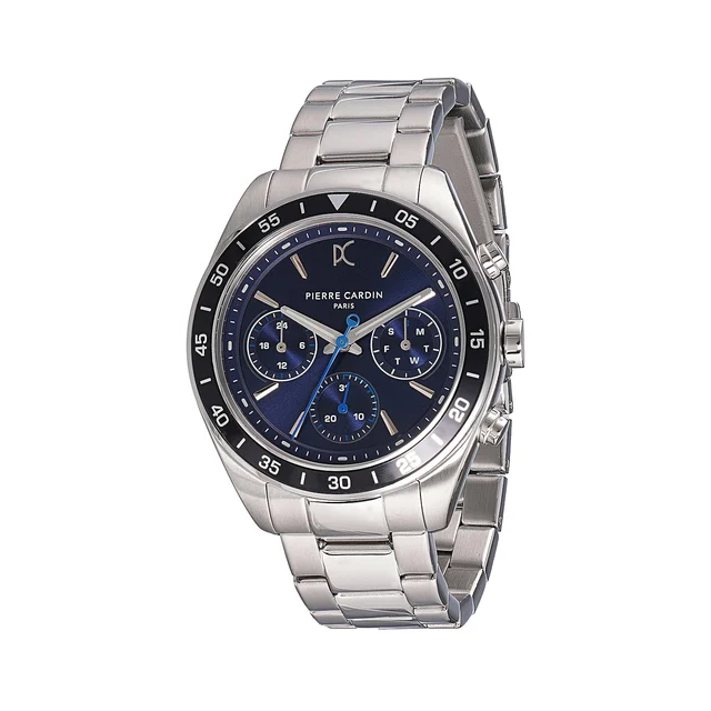 NATION Cristal Men’s 42mm Multifunction Watch - Silver Case, Blue Dial, Black Bezel with S