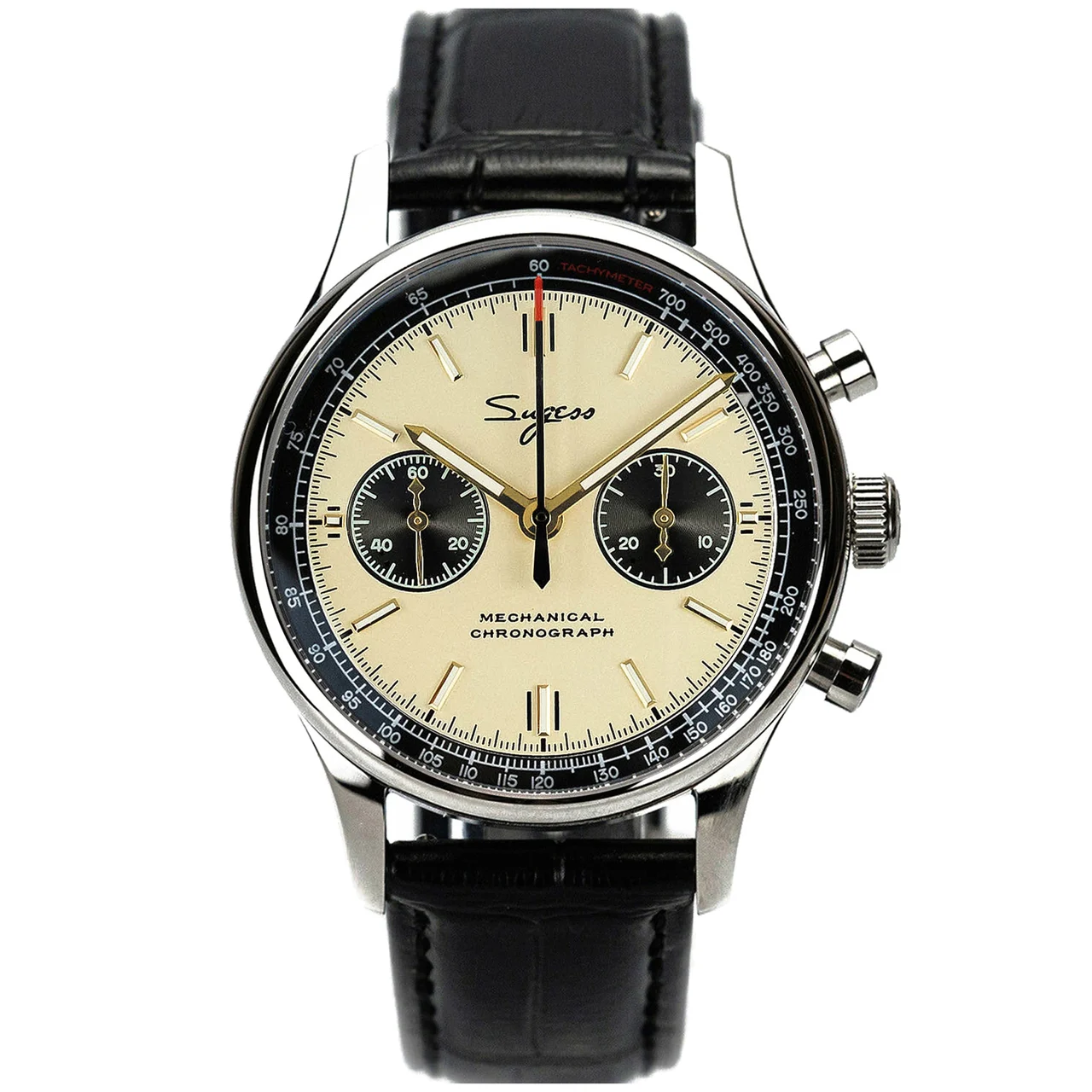 Sugess Sugess 387 40熊猫 香槟面 黑竹节纹带 40 mm kol saati