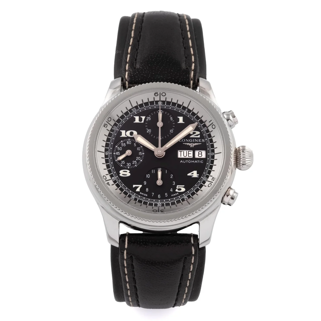 Longines Ref. L.2.625.4, self-winding, chronograph, minute and hour counters, date, day, calibre Valjoux 7750; “Conquest” “Weems Chronograph”; limited edition “Swissair Exclusive No. 5”; stainless steel kol saati