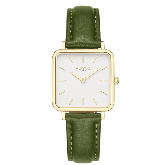 Hurtig Lane Vegan Watches Neliö Square CACTUS Leather Watch Gold, White & Green kol saati