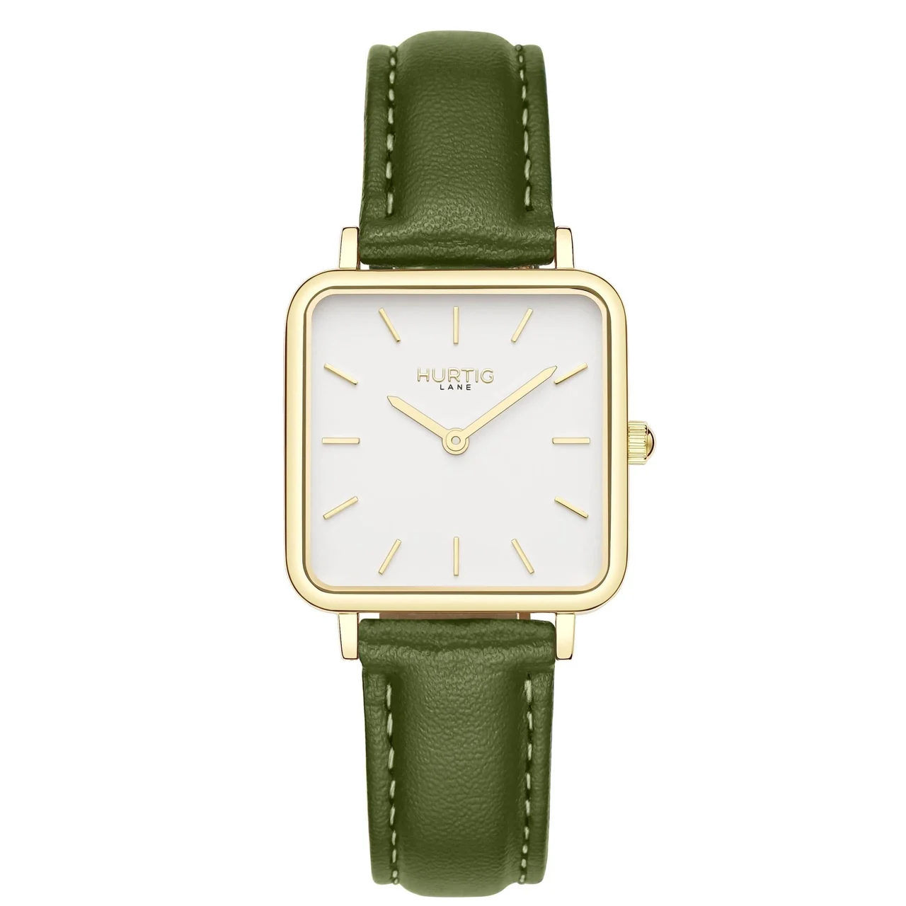 Hurtig Lane Vegan Watches Neliö Square CACTUS Leather Watch Gold, White & Green 29 mm kol saati