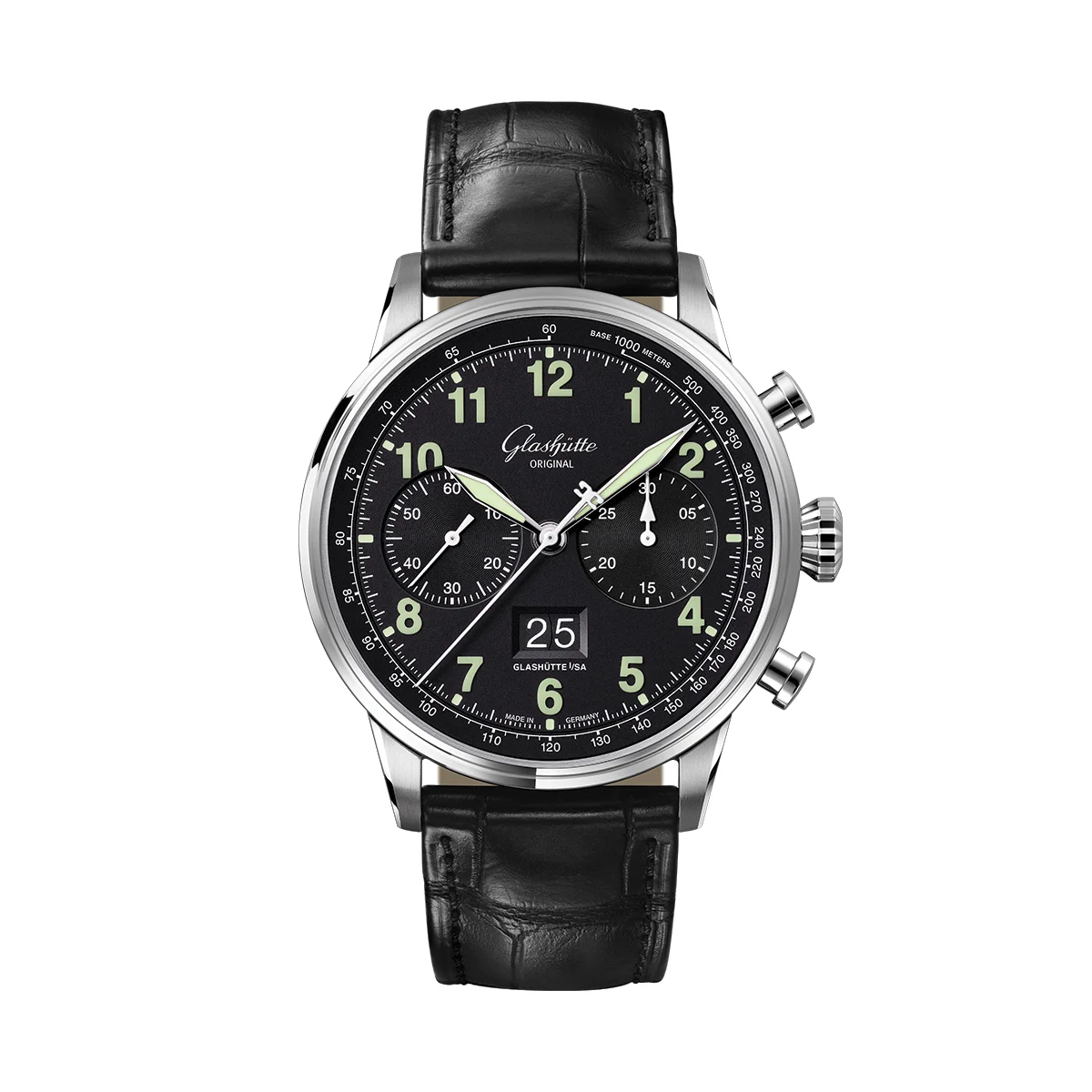 Glashutte Original Senator Chronograph Navigator 41mm - Black Lacquer on Leather Strap 1-37-24-20-12-61 41 mm kol saati