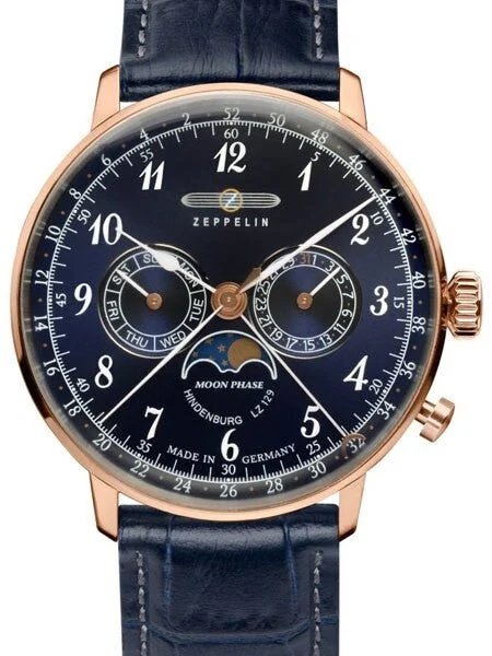 Graf Zeppelin Hindenburg Swiss Quartz Moonphase Calendar Watch #7038-3 40 mm kol saati