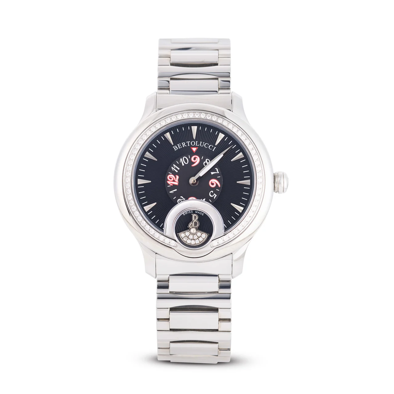Bertolucci BERTOLUCCI, REF. 1153.55.41P.6.10E33, GIRO, DIAMONDS AND BLACK DIAL, NOS, STAINLESS STEEL kol saati