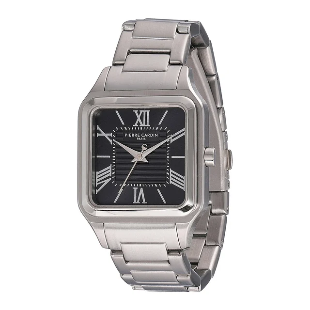 Ménilmontant Carré Men’s Square Watch - Silver Case, Black Dial with Silver Metal Strap CF