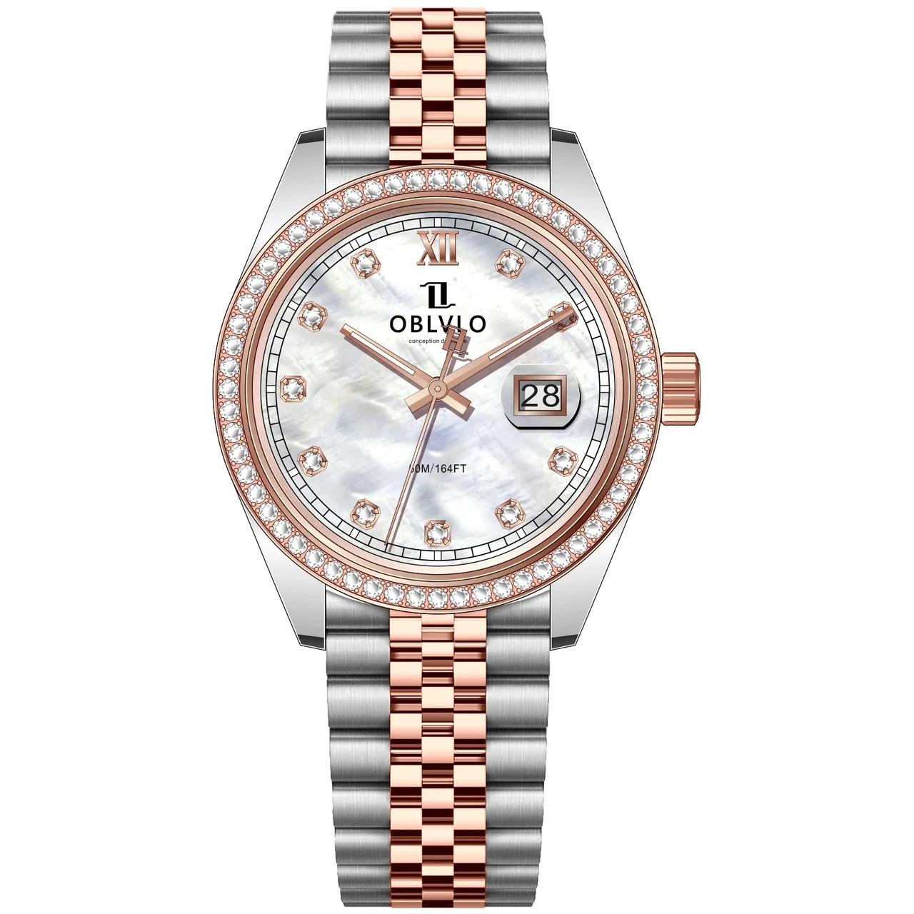 OBLVLO bezel,Rose Gold Steel Strap ,White Di RX Series,39mm,diamond bezel,Rose Gold Steel Strap ,White Di 39 mm kol saati