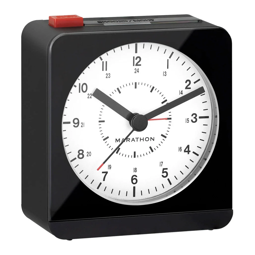 Marathon Alarm Clock with Black Case and White Dial, Silent Movement, and Auto-Sensing Night Light #CL030053 kol saati