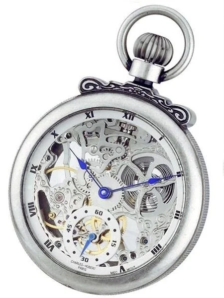 Charles Hubert Paris Charles-Hubert Mechanical Silver Tone Pocket Watch with Antiqued Case #3869S 47 mm kol saati