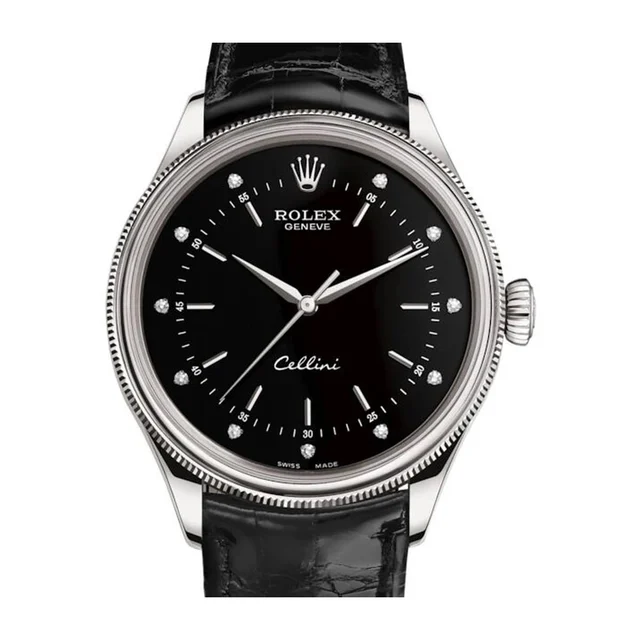 Rolex Cellini 50509 Black Diamond Dial Leather Strap Time 39 kol saati