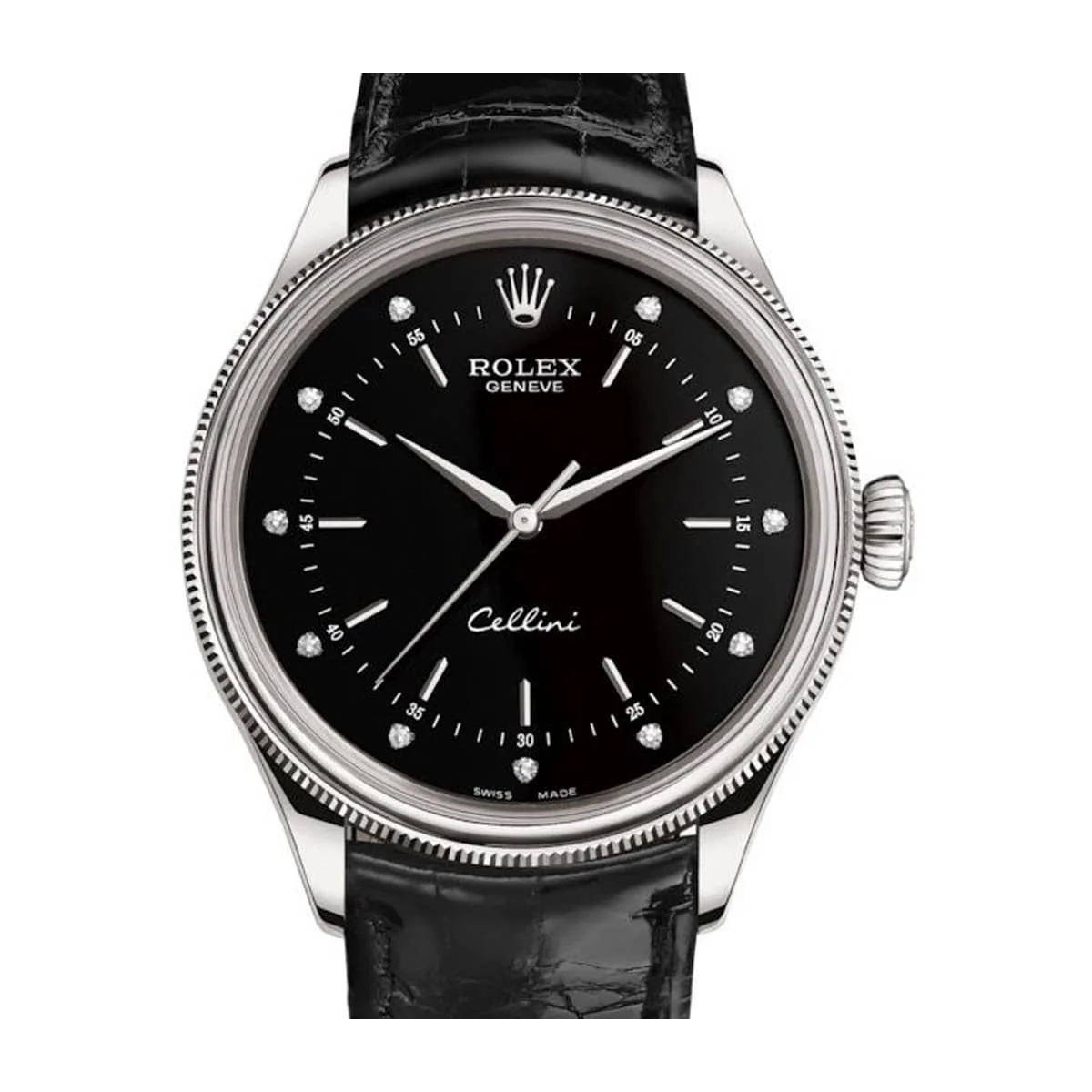 Rolex Cellini 50509 Black Diamond Dial Leather Strap Time 39 39 mm kol saati