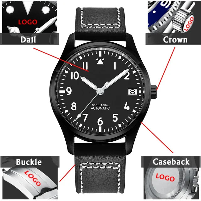 Tandorio PVD Pilot Watch Sterile for Custom logo 39MM Sapphire 10Bar NH35 automatic glass