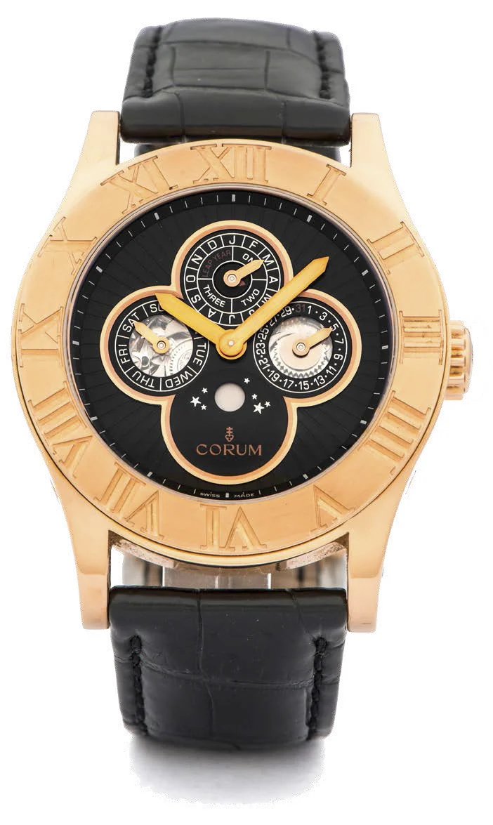 Corum Romvlvs Perpetual Calendar CORUM ROMVLVS PERPETUAL CALENDAR REF. 183.510.55 PINK GOLD LIMITED EDITION, 15/25 A very fine and extremely rare self-winding 18K pink gold wristwatch with perpetual calendar. kol saati